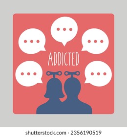 silhouette of addicted man and woman vector. digital talking bubbles on social media. male and female flat design style illustration. people chatting online. addiction of technology and phone concept 