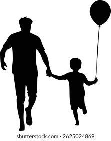 silhouette of an adult and child holding hands with a balloon, isolated on a white background, representing family bond and joy