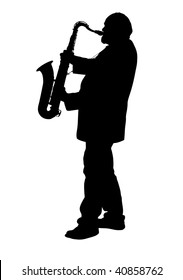 Silhouette of adult male playing a tenor saxophone