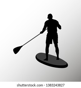 Silhouette of an Adult male Stand Up Paddling. Portrait of a man from the back isolated on white background.