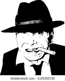 silhouette of an adult man with an aggressive expression in a classic Fedor hat with a cigar in his teeth