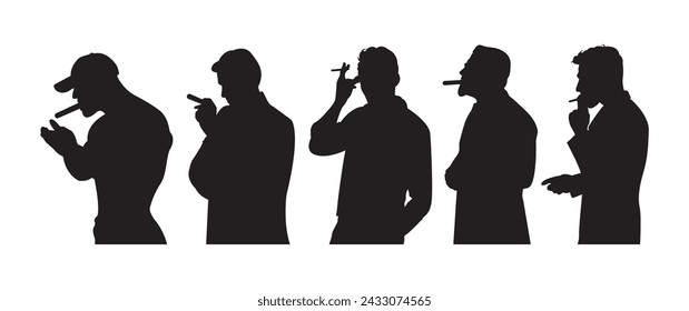 silhouette of an adult man with a hand holding a cigarette. various styles. black isolated white background