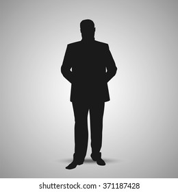 Silhouette of adult tall heavy businessman. Middle-aged man in suit and shoes. Male figure for business presentations, illustrations about the work. Vector illustration.