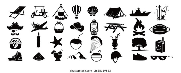 Silhouette Adventure, Camping, and Picnic Icons Outdoor Activity Symbol Set