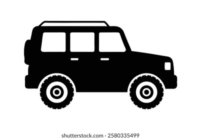 Silhouette of an adventure off road car vector illustration of a 2 wheel drive Jeep style vehicle, perfect for icons and design projects. Editable vector jeep vehicle with large wheels.