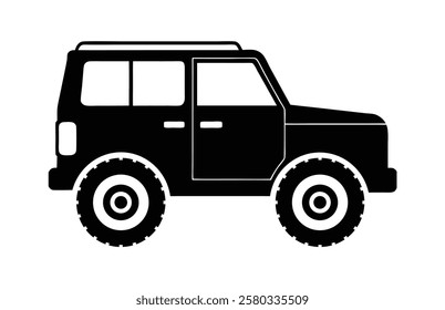 Silhouette of an adventure off road car vector illustration of a 2 wheel drive Jeep style vehicle, perfect for icons and design projects. Editable vector jeep vehicle with large wheels.