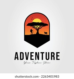 silhouette adventurer, deer and acacia tree logo vector illustration design