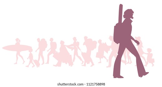 Silhouette of adventurous bearded traveler with a guitar behind his back. Group of diverse travelers in the background