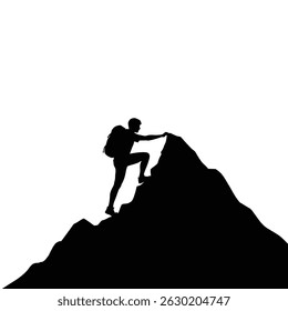 Silhouette of adventurous hiker climbing a mountain peak overcoming obstacles and reaching a goal