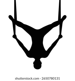 Silhouette of aerial performer hanging upside down from aerial silks, artistic rendering