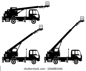 Silhouette of aerial platform truck with different boom position. Heavy construction machine. Building machinery. Special equipment. Vector illustration.