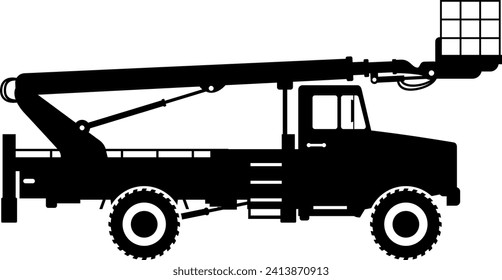 Silhouette of Aerial Work Platform Bucket Truck Icon in Flat Style. Vector Illustration