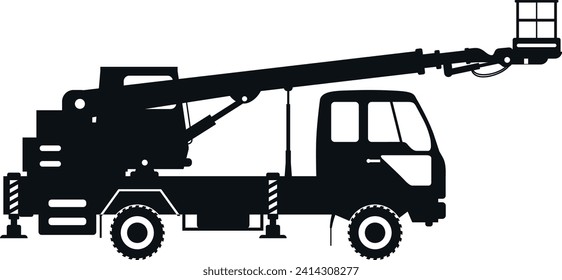 Silhouette of Aerial Work Platform Bucket Truck Icon in Flat Style. Vector Illustration