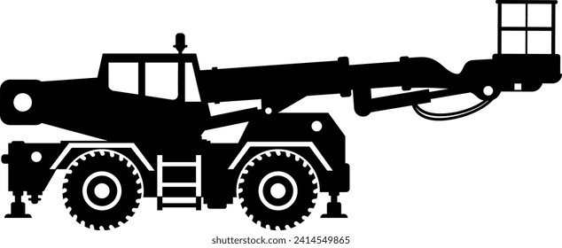 Silueta de la plataforma de trabajo aéreo Icono de cubo de camión en estilo plano. Ilustración vectorial