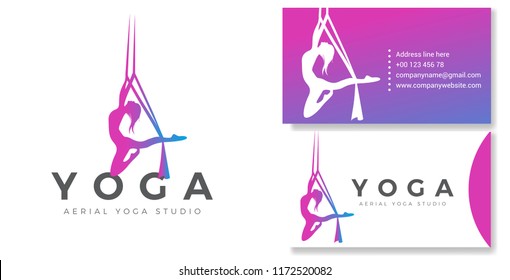 Silhouette Aerial Yoga Logo & Business Card Vector Design