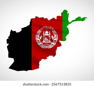 Silhouette of Afghanistan map filled with the Afghan flag design, symbolizing national pride, cultural heritage, and geographic identity.  
