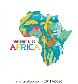 A silhouette of Africa with African animals and trees. Elephant, Hippo, giraffe, palm trees, cactus.  Welcome to Africa. Vector illustration.