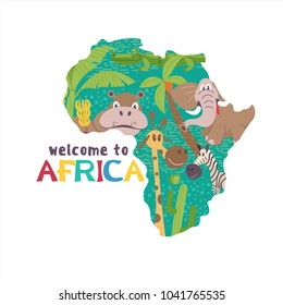 A silhouette of Africa with African animals and trees. Elephant, Hippo, giraffe, palm trees, cactus.  Welcome to Africa. Vector illustration.