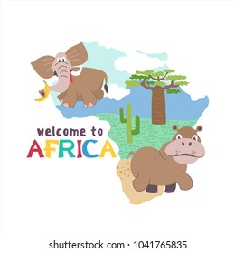 A silhouette of Africa with African animals and trees. Elephant, Hippo and baobab. Welcome to Africa. Vector illustration.