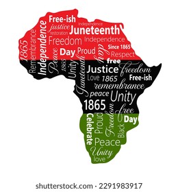 Silhouette Of Africa In Colors Of The Black History Month Flag. Words Symbolizing African American Independence Day, history and heritage. Vector Illustration Isolated On White