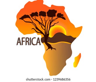 Silhouette of Africa on the world map, with the filling of the landscape of the savanna.