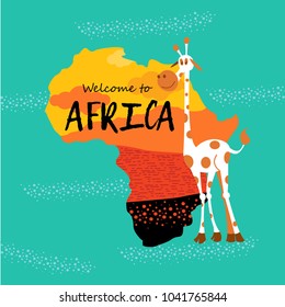 Silhouette of Africa with sunset in the desert. Welcome to Africa. Cute cartoon giraffe. Vector illustration. 