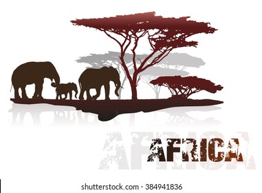 Silhouette of Africa trees and elephants, isolated on white