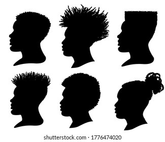 Silhouette African American men. Vector profile portrait set of Hairstyle heads isolated on white