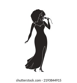 Silhouette der afroamerikanischen Soul-Sängerin, in einem Konzertkleid in ein Mikrofon singen. Cartoon-Flachstil. Vektorgrafik