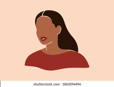 Silhouette de una mujer afroamericana con el pelo largo negro. Jovencita sonriente con retrato de piel marrón en colores tierra. Ilustración vectorial del Día Internacional de la Mujer y el Día de la Madre. 