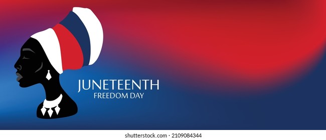Silhouette of African American woman with headdress with juneteenth flag pattern. Freedom, patriotism and equality concept. Black history month. EPS10 vector.