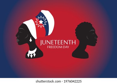 Silhouette of African American woman and man with headdress with juneteenth flag pattern. Freedom, patriotism and equality concept. EPS10 vector.