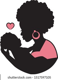 Silhouette Of African Black Curly Mom With A Baby In Her Arms And A Heart