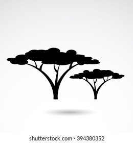 Silhouette Of African, Exotic, Savannah Tree On White Background. Vector Art.