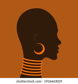 Silhouette of an African girl with jewelry on a bright background. Vector illustration