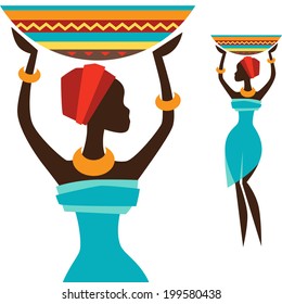 Silhouette of african girl which carries basket.