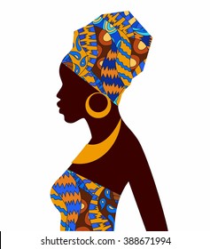 Silhouette of African girls in bright colored turban on her head in profile with earrings.