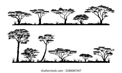 Silhouette African savanna trees individual vector element with grass