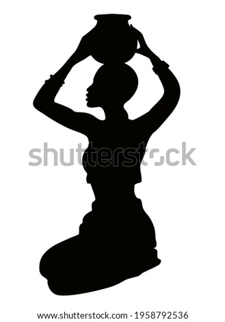 Silhouette of the African woman, isolated on white background. Ethnic woman with a vessel on their head. Vector illustration.