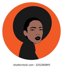 Silhouette of a African woman wearing a hat on a round orange background. Vector minimalist portrait of a woman.