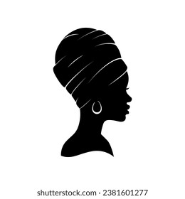 Silhouette of african woman wearing head covering isolated on white background