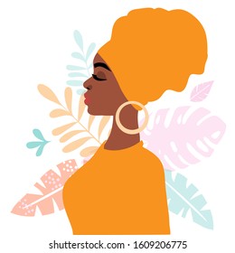 Silhouette of afro american girl and tropical leaves on a white background. Beauty, fashion concept. Card for the eighth of March. Feminism concept