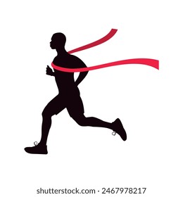 Silhouette of an afro man running with a red victory ribbon. Finish. Victory. First. 