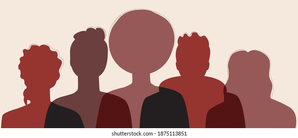 Silhouette of afro people isolated. Our flat stock illusion. African man, woman. Afro community concept, black history month, African American people. Illustration with faces, heads of people