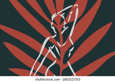 Silhouette against the background of large tropical leaves. Vector graphics.