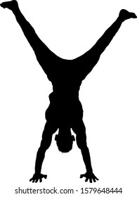 Silhouette of an agile young man doing a handstand. Vector illustration.