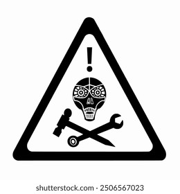 Silhouette AI robot triangle Caution sign isolated on white background, The hammer and wrench are crossed below the robot's skull icon, Illustration vector