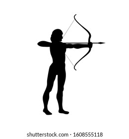Silhouette of aiming archer with bow and arrow. Vector illustration isolated on white background