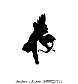 Silhouette of aiming Cupid with bow and arrow on white backgroun