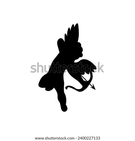 Silhouette of aiming Cupid with bow and arrow on white backgroun